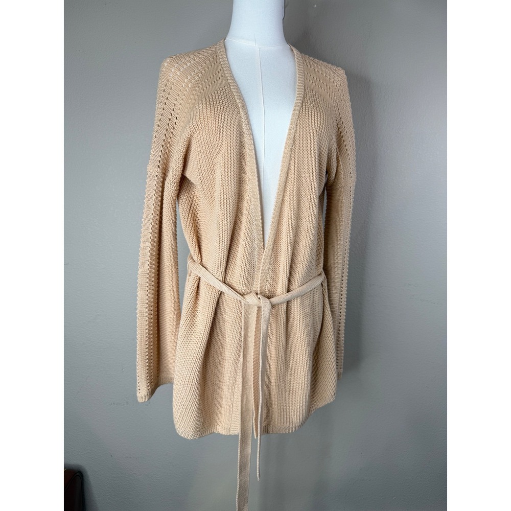 Sundance Linen Cotton Pointelle Knit Belted Cardigan Beige XS Costal Neutral